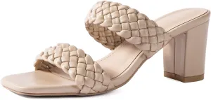 N.N.G Women Heels Sandals Braided Block Nude Summer Chunky Square Leather Woven Comfort Strappy Dress Casual Pumps Mules