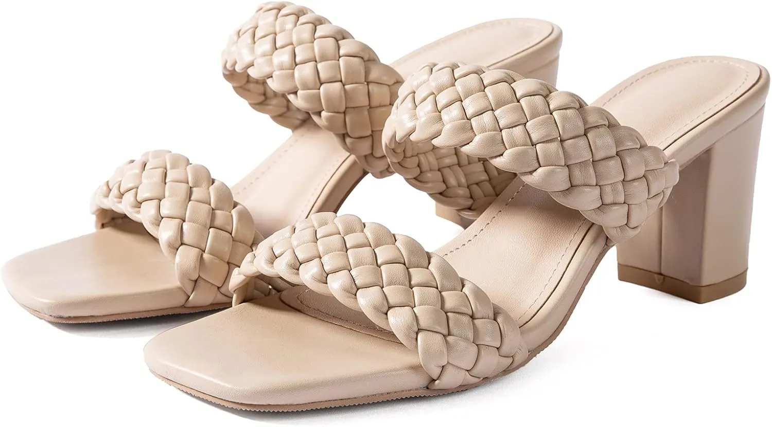 N.N.G Women Heels Sandals Braided Block Nude Summer Chunky Square Leather Woven Comfort Strappy Dress Casual Pumps Mules