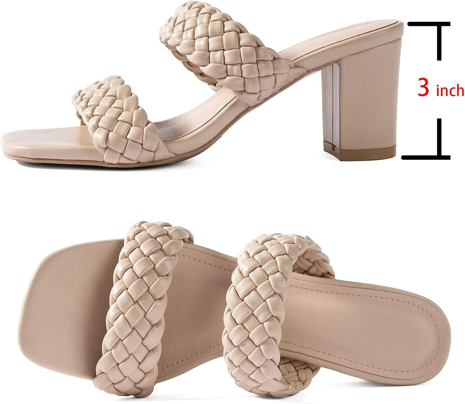N.N.G Women Heels Sandals Braided Block Nude Summer Chunky Square Leather Woven Comfort Strappy Dress Casual Pumps Mules
