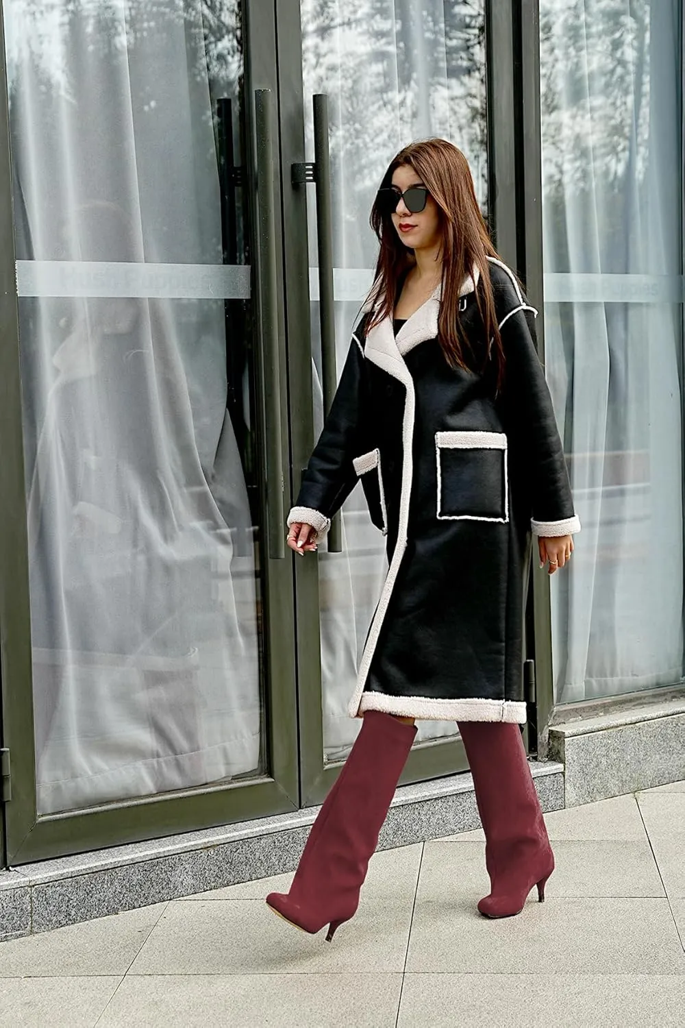 Oh Mispares Women's Nude Suede Knee High Boots - Square Toe Wide Calf Stiletto Low Heels - Fashionable Kitten Heel Pull-On Tall Winter Boots for Ladies