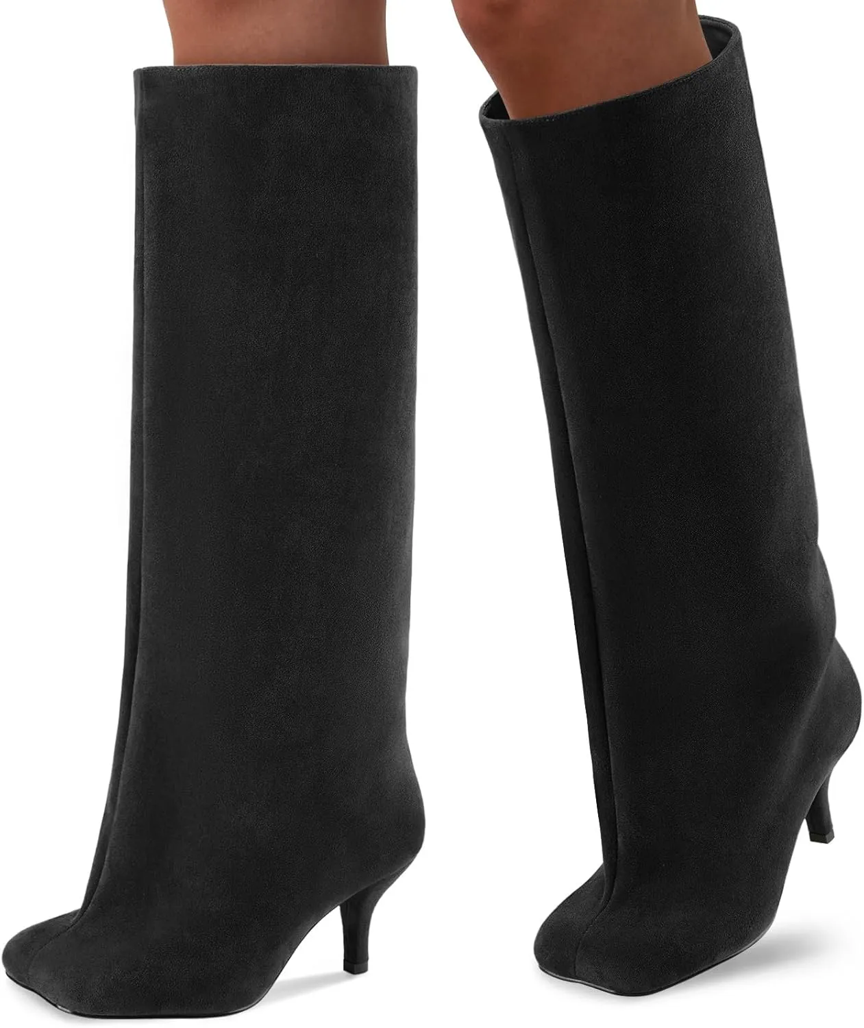 Oh Mispares Women's Nude Suede Knee High Boots - Square Toe Wide Calf Stiletto Low Heels - Fashionable Kitten Heel Pull-On Tall Winter Boots for Ladies