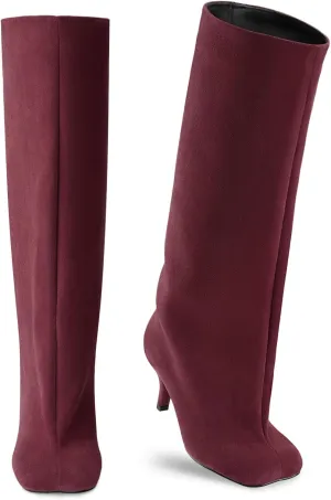 Oh Mispares Women's Nude Suede Knee High Boots - Square Toe Wide Calf Stiletto Low Heels - Fashionable Kitten Heel Pull-On Tall Winter Boots for Ladies
