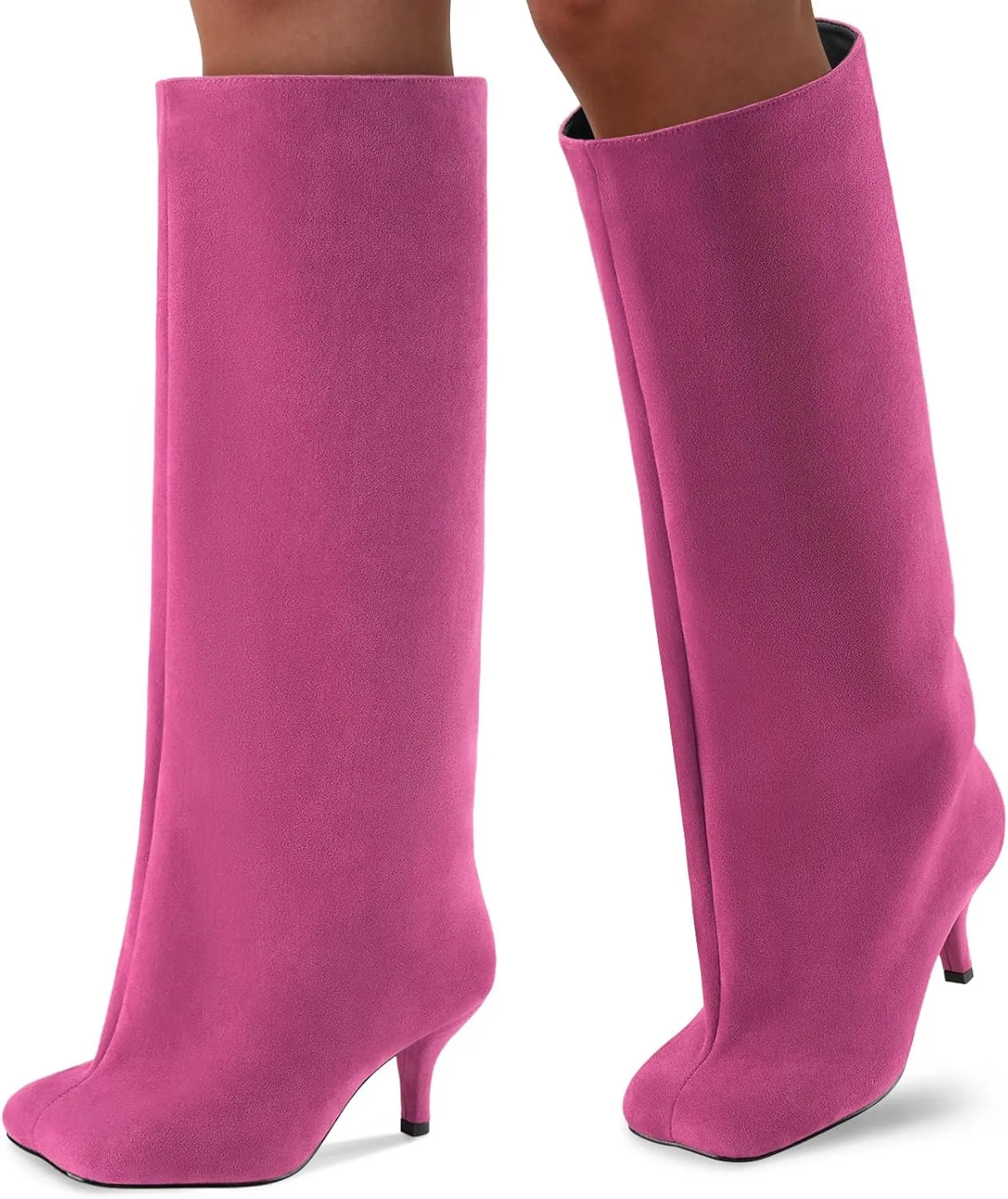 Oh Mispares Women's Nude Suede Knee High Boots - Square Toe Wide Calf Stiletto Low Heels - Fashionable Kitten Heel Pull-On Tall Winter Boots for Ladies