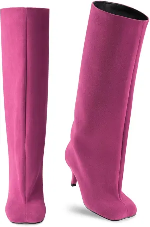 Oh Mispares Women's Nude Suede Knee High Boots - Square Toe Wide Calf Stiletto Low Heels - Fashionable Kitten Heel Pull-On Tall Winter Boots for Ladies