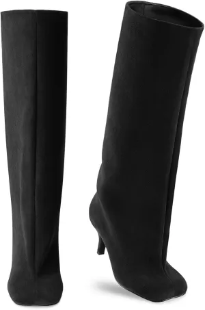 Oh Mispares Women's Nude Suede Knee High Boots - Square Toe Wide Calf Stiletto Low Heels - Fashionable Kitten Heel Pull-On Tall Winter Boots for Ladies
