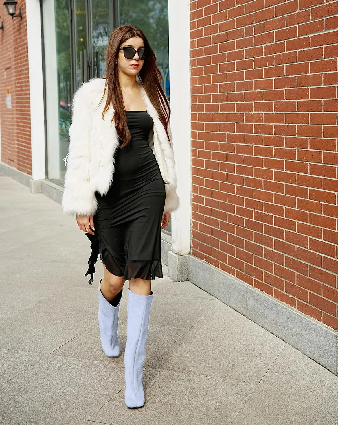 Oh Mispares Women's Nude Suede Knee High Boots - Square Toe Wide Calf Stiletto Low Heels - Fashionable Kitten Heel Pull-On Tall Winter Boots for Ladies