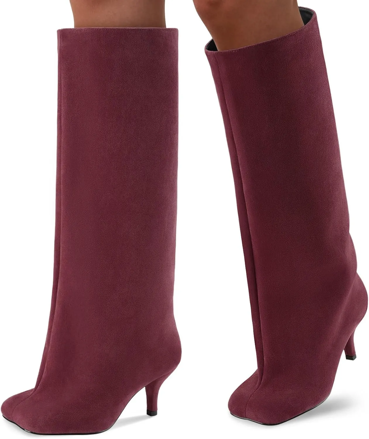 Oh Mispares Women's Nude Suede Knee High Boots - Square Toe Wide Calf Stiletto Low Heels - Fashionable Kitten Heel Pull-On Tall Winter Boots for Ladies