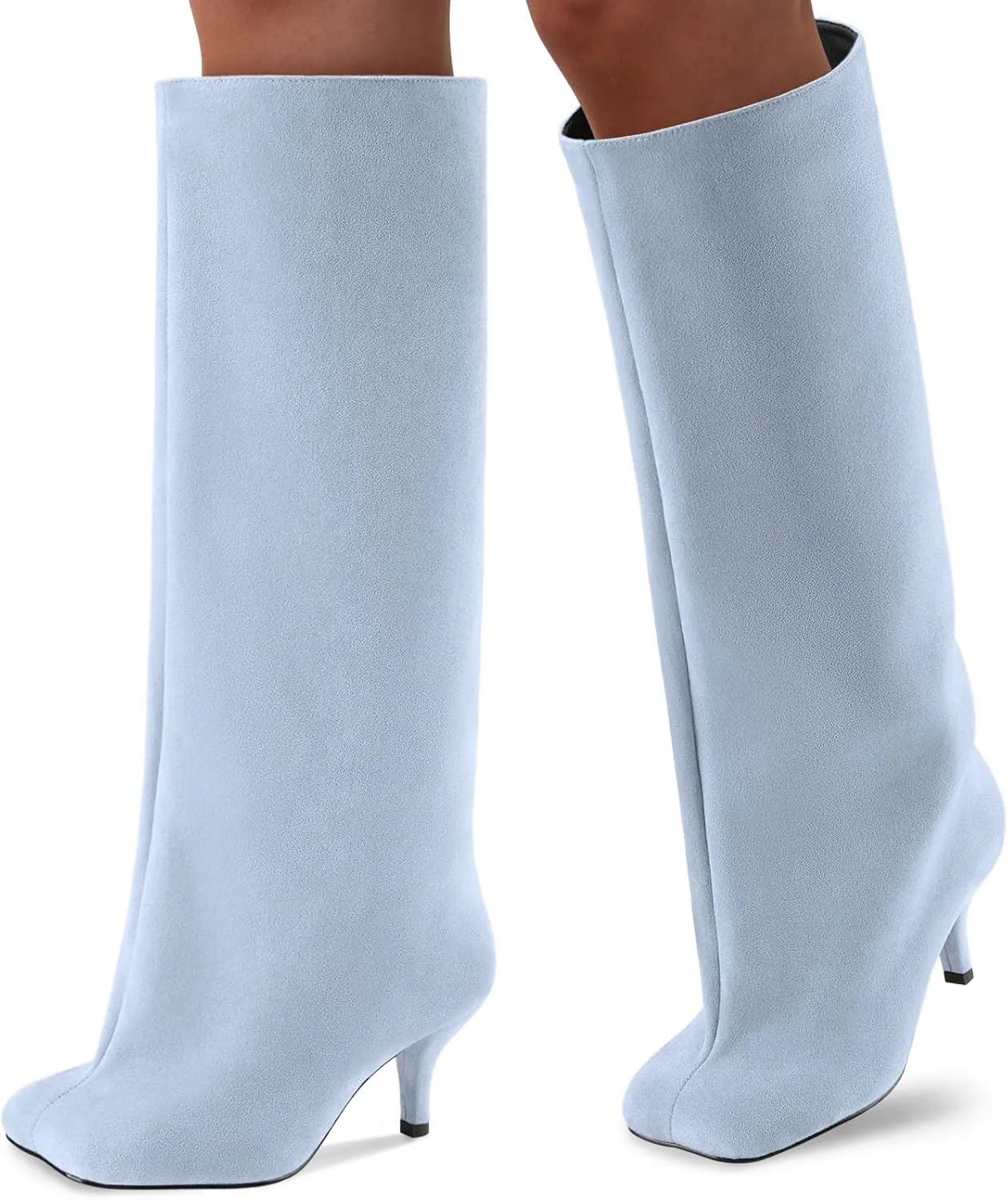 Oh Mispares Women's Nude Suede Knee High Boots - Square Toe Wide Calf Stiletto Low Heels - Fashionable Kitten Heel Pull-On Tall Winter Boots for Ladies