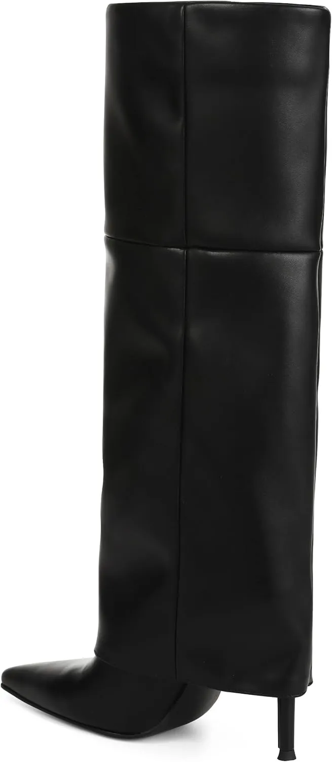 Oiamenne Women's Fold Over Boots Knee High Boots for Women Pointed Toe Stiletto Heel Long Boots Sexy Tall Boots Slip On Fall Winter boots