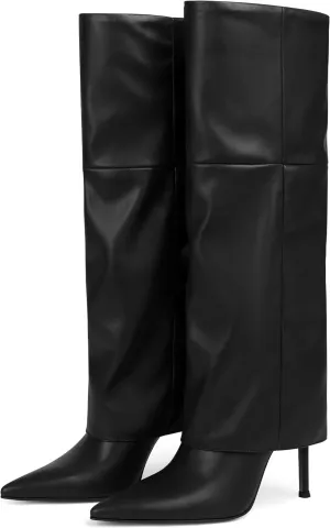 Oiamenne Women's Fold Over Boots Knee High Boots for Women Pointed Toe Stiletto Heel Long Boots Sexy Tall Boots Slip On Fall Winter boots