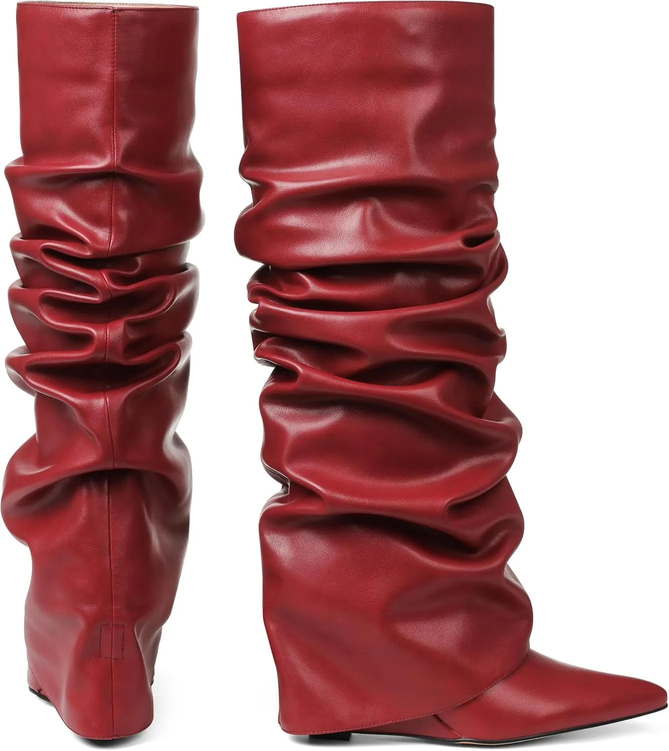 Oiamenne Women's Fold Over Boots Slouch Knee High Boots for Women Wedge Heel Pointed Toe Tall Boot, Wide Calf, Pull-on