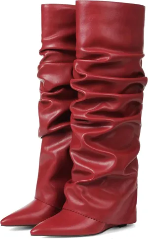 Oiamenne Women's Fold Over Boots Slouch Knee High Boots for Women Wedge Heel Pointed Toe Tall Boot, Wide Calf, Pull-on