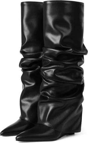 Oiamenne Women's Fold Over Boots Slouch Knee High Boots for Women Wedge Heel Pointed Toe Tall Boot, Wide Calf, Pull-on