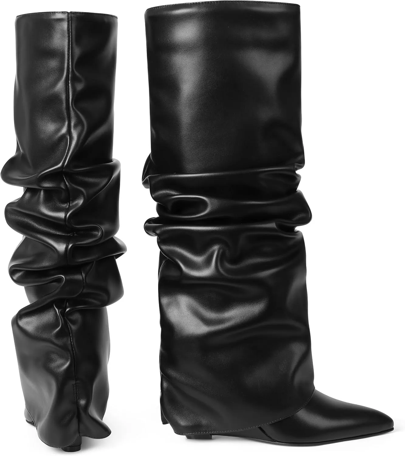 Oiamenne Women's Fold Over Boots Slouch Knee High Boots for Women Wedge Heel Pointed Toe Tall Boot, Wide Calf, Pull-on
