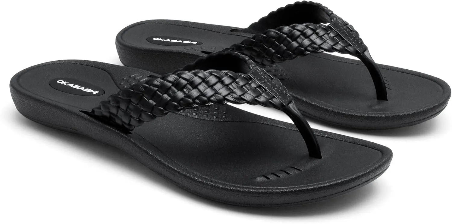 OKABASHI Women's Baha Flip Flop (Black, ML) | Contoured Footbed w/Arch Support for All-Day Comfort | Slip-Resistant & Waterproof | Sustainably Made in The USA