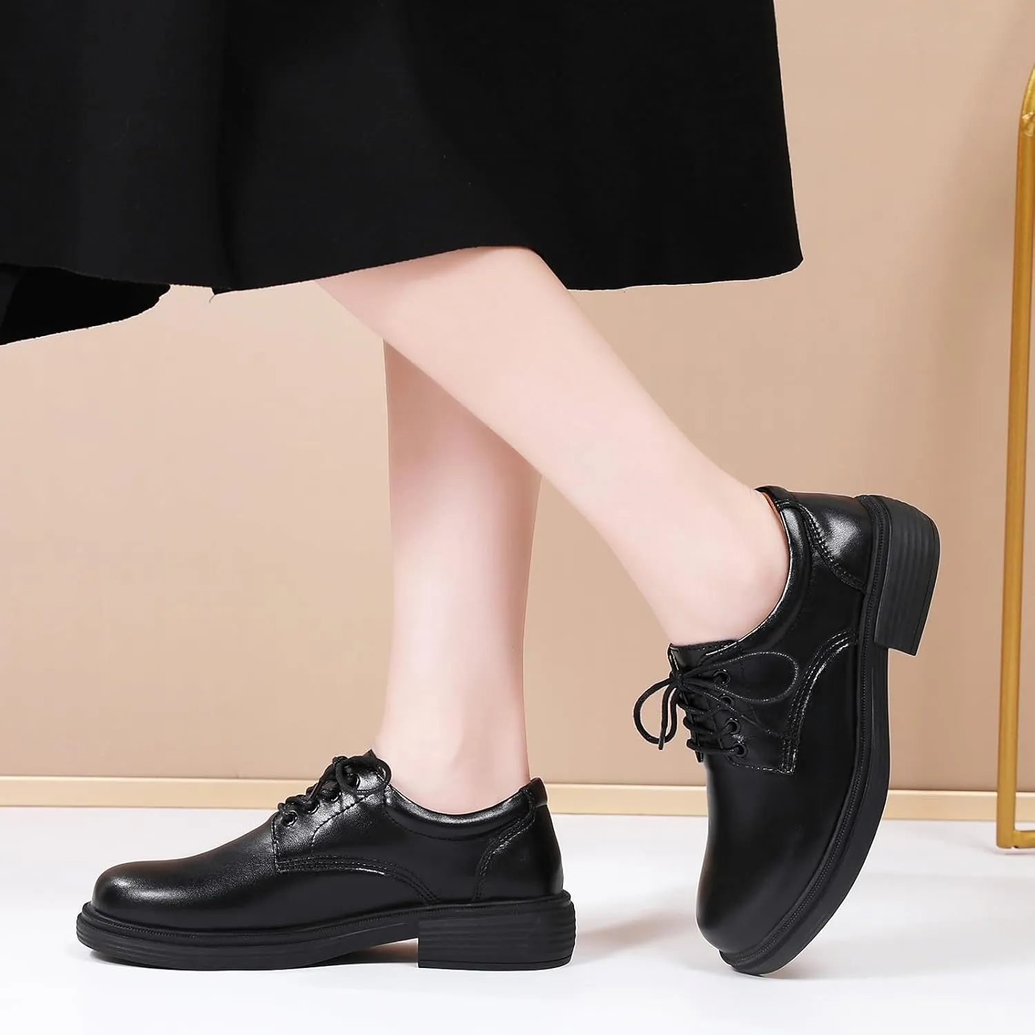OKJ Oxford Shoes for Women, Black Womens Oxford Shoes Leather Platform Women's Oxfords Comfortable Dressy Slip On, Lace Up Loafers Casual Work Business Dress Office Oxfords Shoes