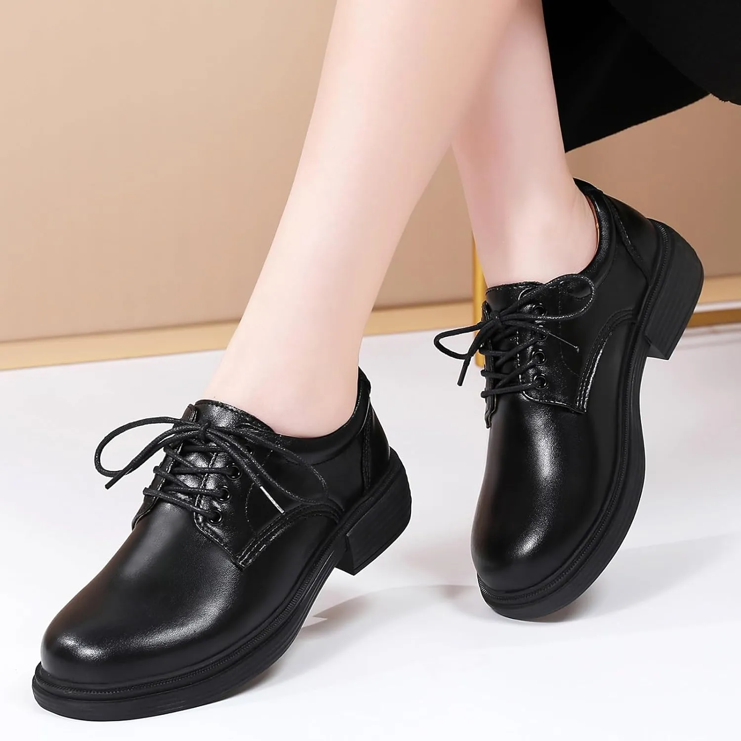 OKJ Oxford Shoes for Women, Black Womens Oxford Shoes Leather Platform Women's Oxfords Comfortable Dressy Slip On, Lace Up Loafers Casual Work Business Dress Office Oxfords Shoes