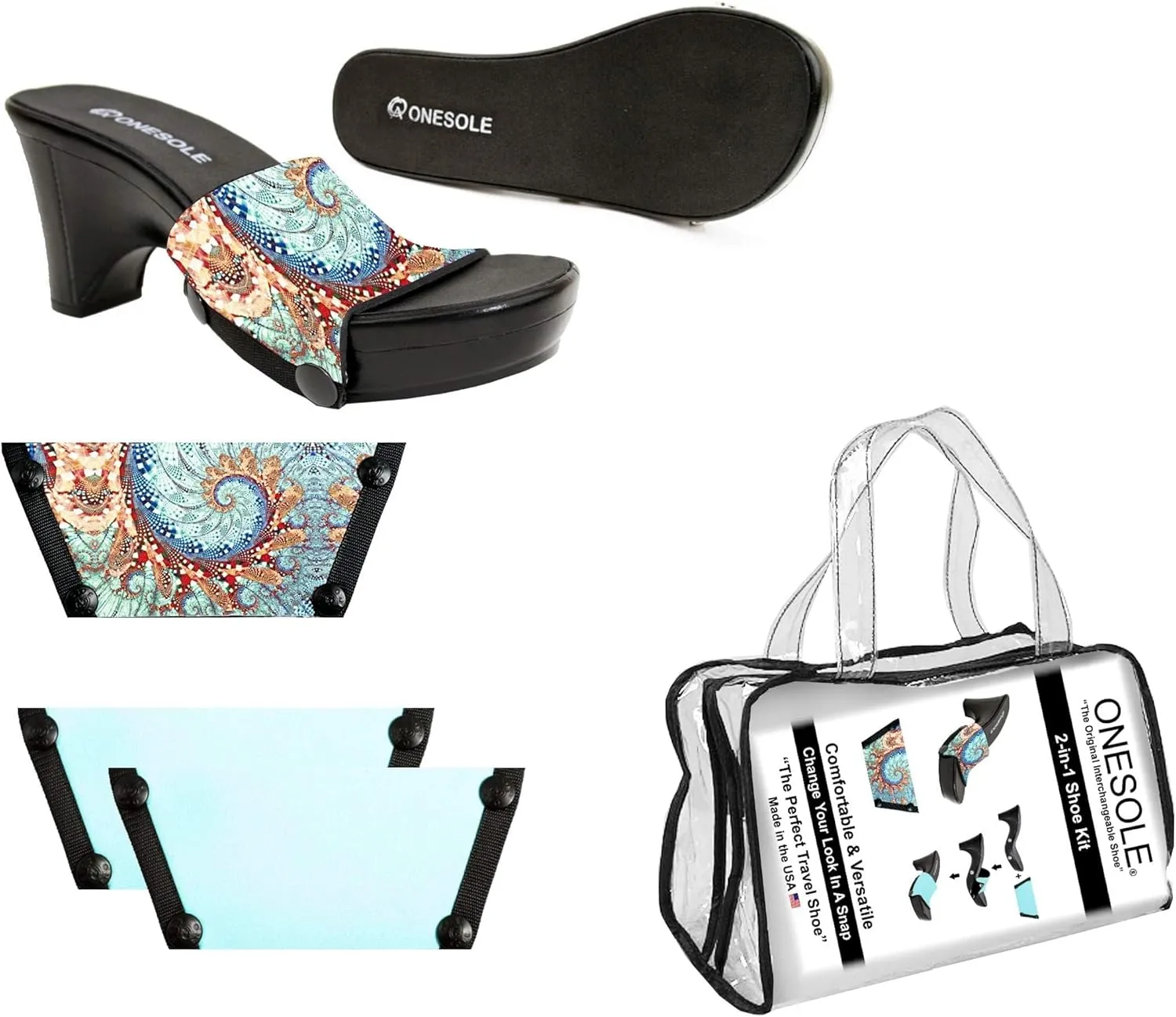 Onesole Traveler Black Travel Kit, Wedge Sandals for women, Interchangeable Soles and Tops Solid Aquamarine with stainless steel snaps As Seen on Shark Tank