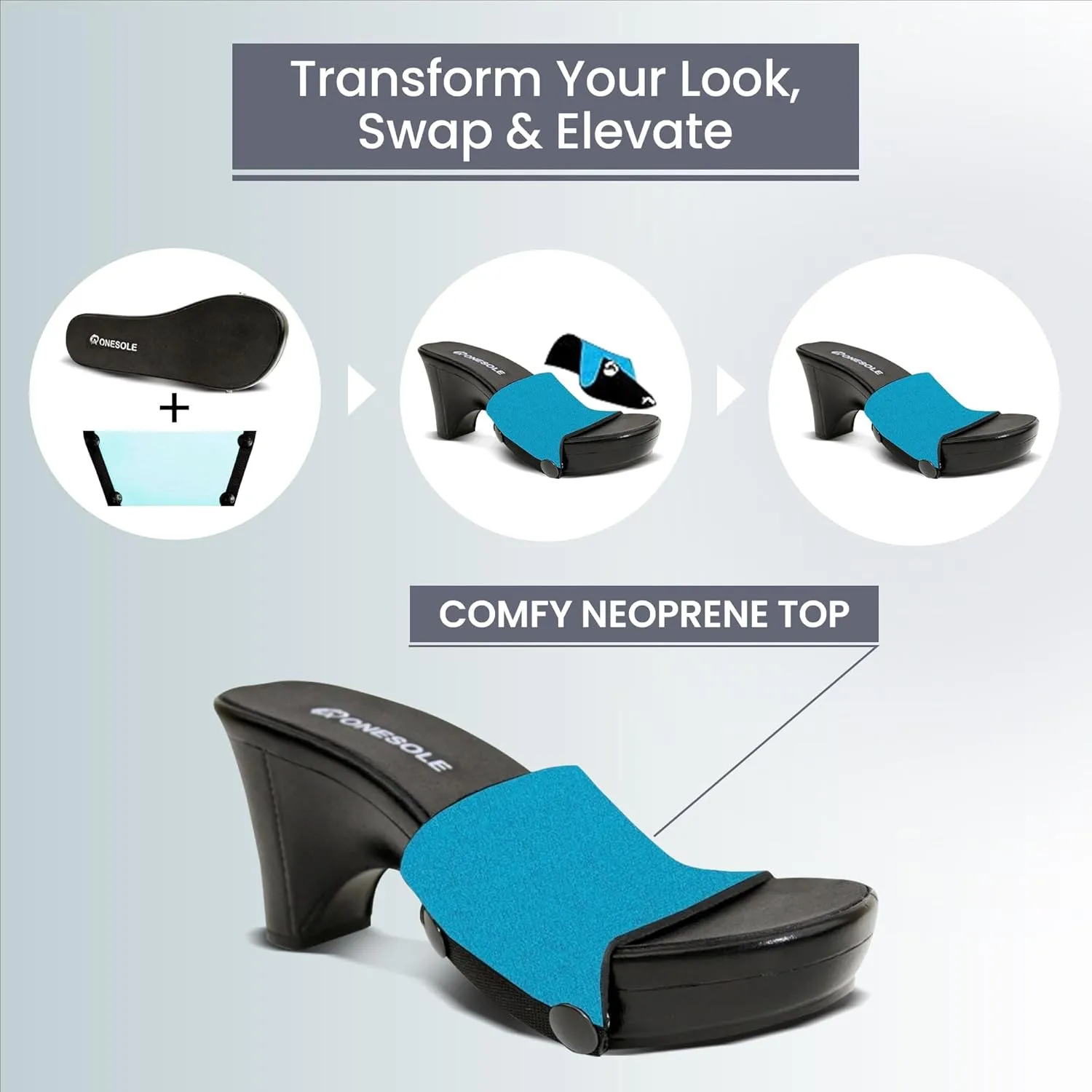 Onesole Traveler Black Travel Kit, Wedge Sandals for women, Interchangeable Soles and Tops Solid Aquamarine with stainless steel snaps As Seen on Shark Tank