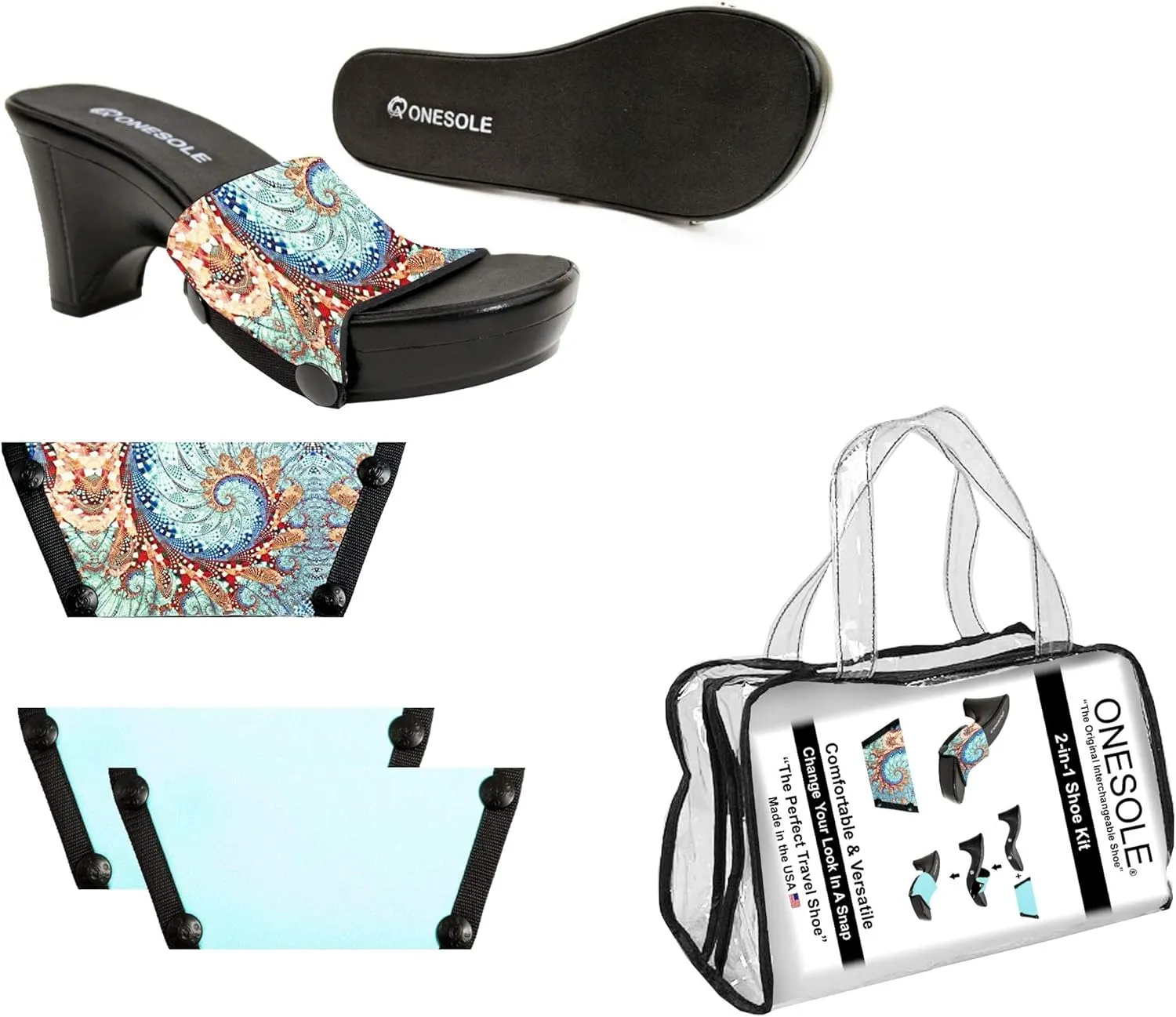 Onesole Traveler Black Travel Kit, Wedge Sandals for women, Interchangeable Soles and Tops Solid Aquamarine with stainless steel snaps (Size 11)