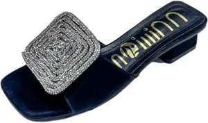 ORNVEION Women’s Bling Rhinestone Square Chunky Heel Sandals,Crystal Satin Glitter Mules Slippers Boho Open Toe Slip-on Beach Sandals