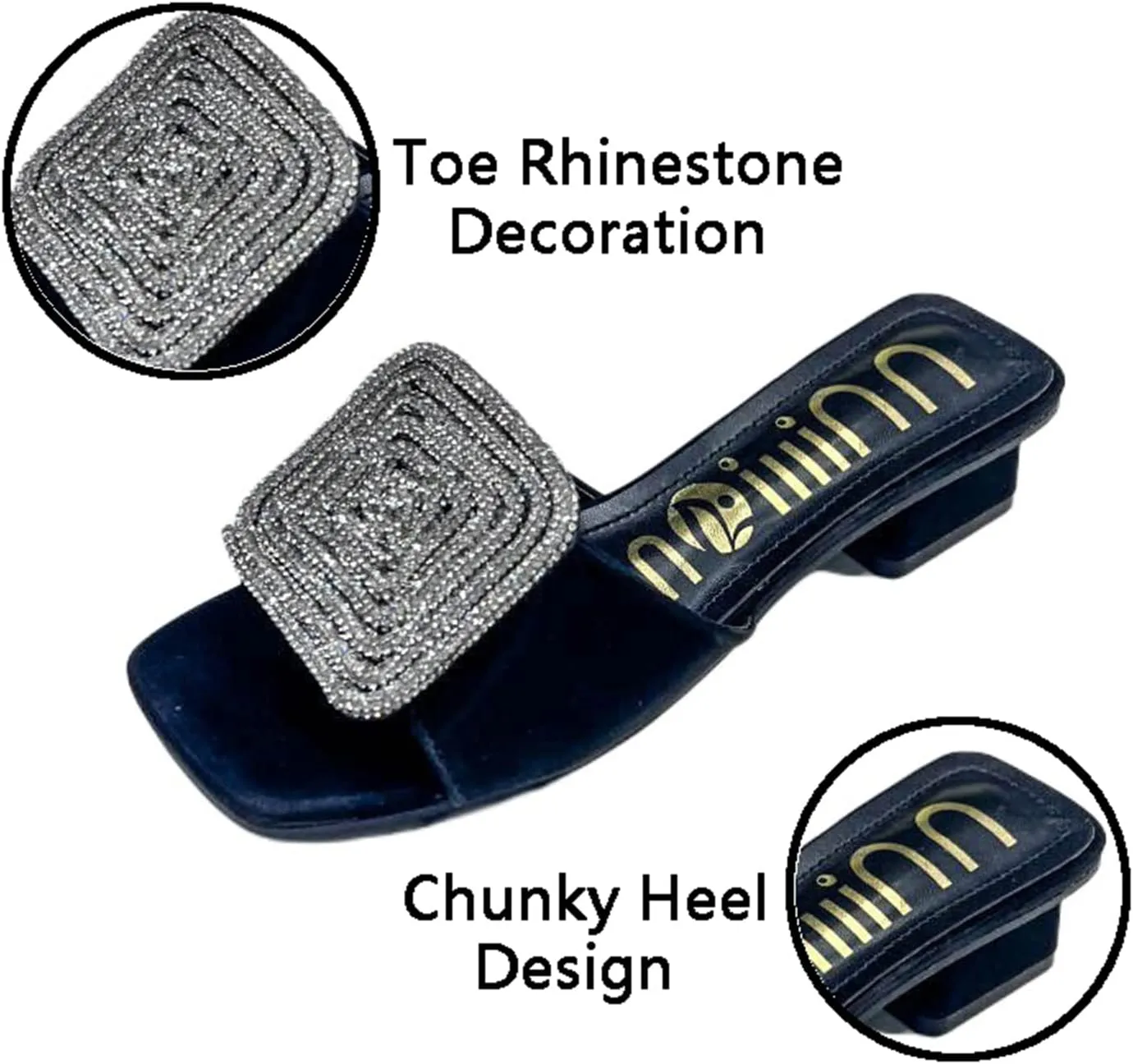 ORNVEION Women’s Bling Rhinestone Square Chunky Heel Sandals,Crystal Satin Glitter Mules Slippers Boho Open Toe Slip-on Beach Sandals