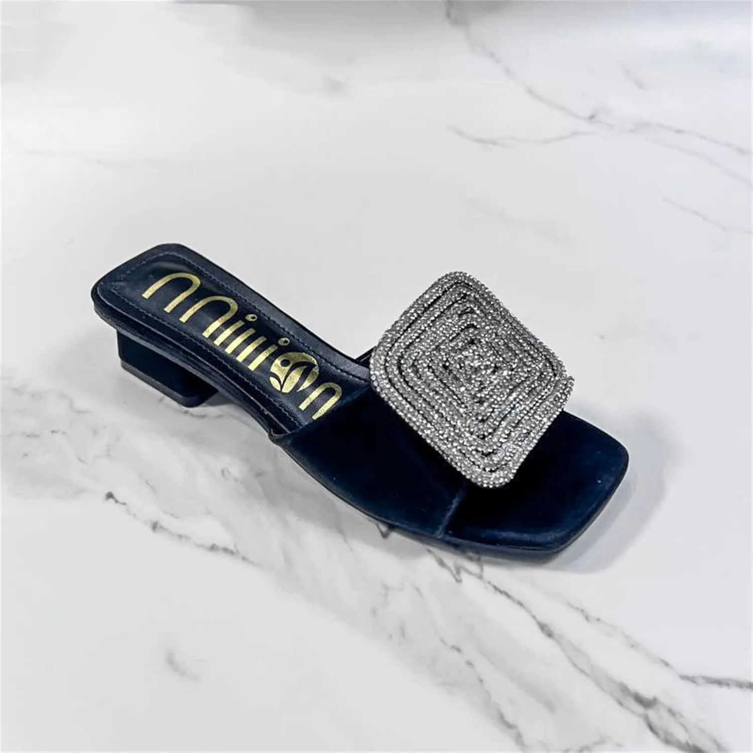 ORNVEION Women’s Bling Rhinestone Square Chunky Heel Sandals,Crystal Satin Glitter Mules Slippers Boho Open Toe Slip-on Beach Sandals