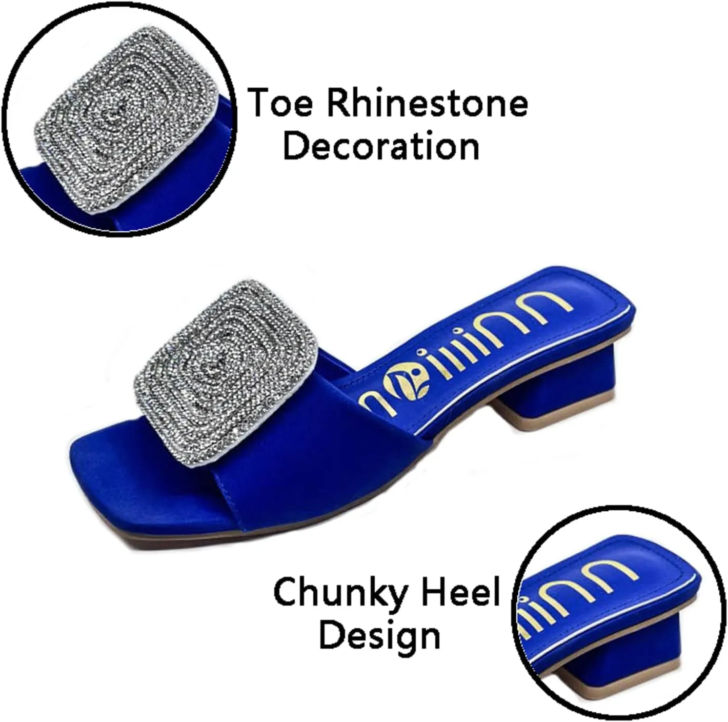 ORNVEION Women’s Bling Rhinestone Square Chunky Heel Sandals,Crystal Satin Glitter Mules Slippers Boho Open Toe Slip-on Beach Sandals
