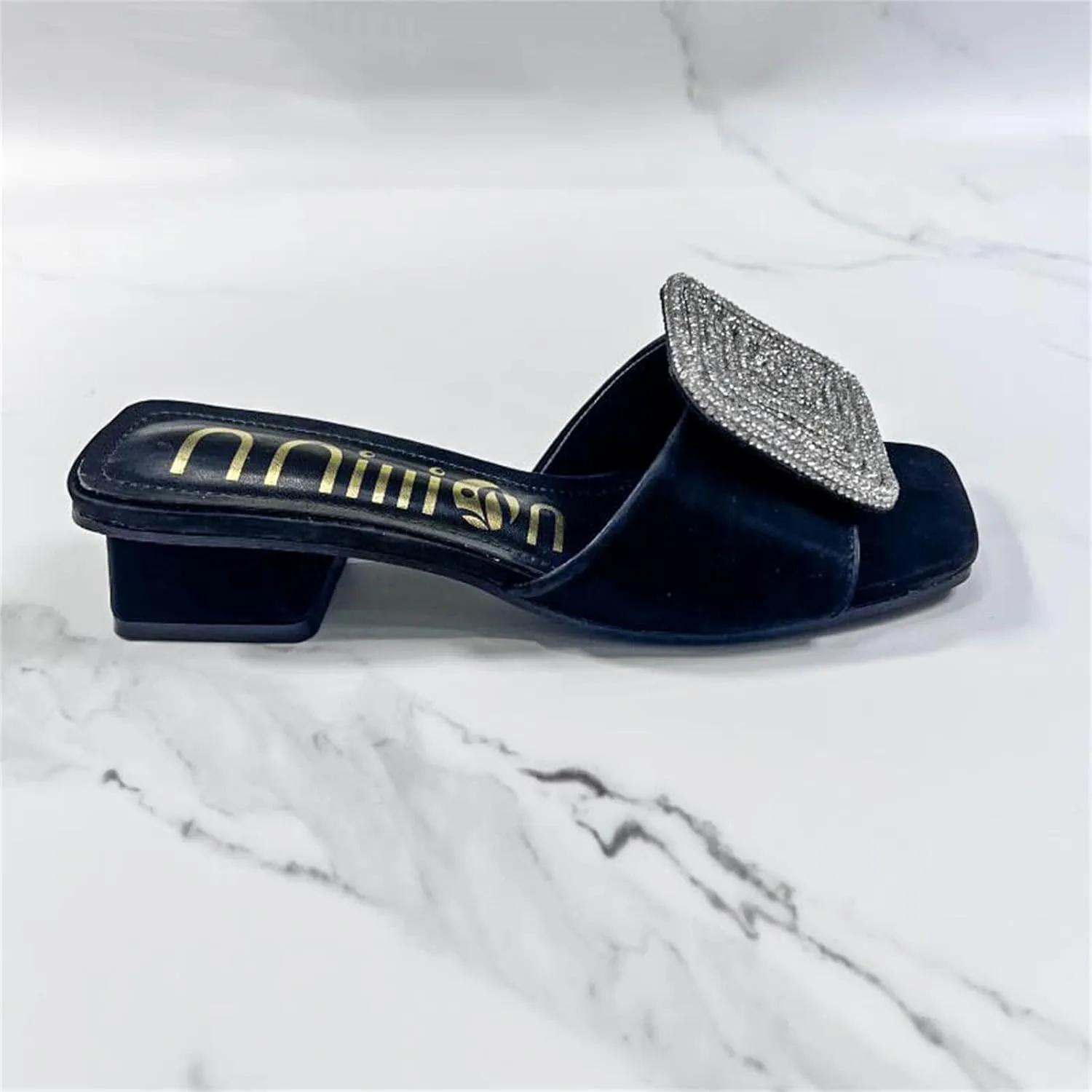 ORNVEION Women’s Bling Rhinestone Square Chunky Heel Sandals,Crystal Satin Glitter Mules Slippers Boho Open Toe Slip-on Beach Sandals