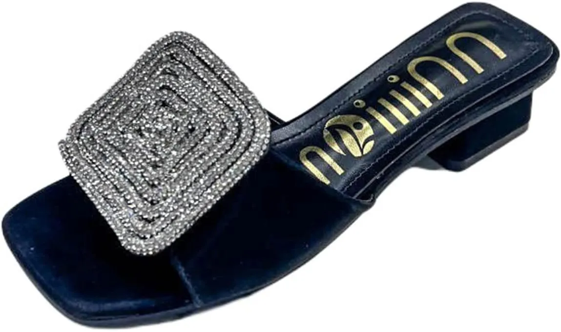 ORNVEION Women’s Bling Rhinestone Square Chunky Heel Sandals,Crystal Satin Glitter Mules Slippers Boho Open Toe Slip-on Beach Sandals