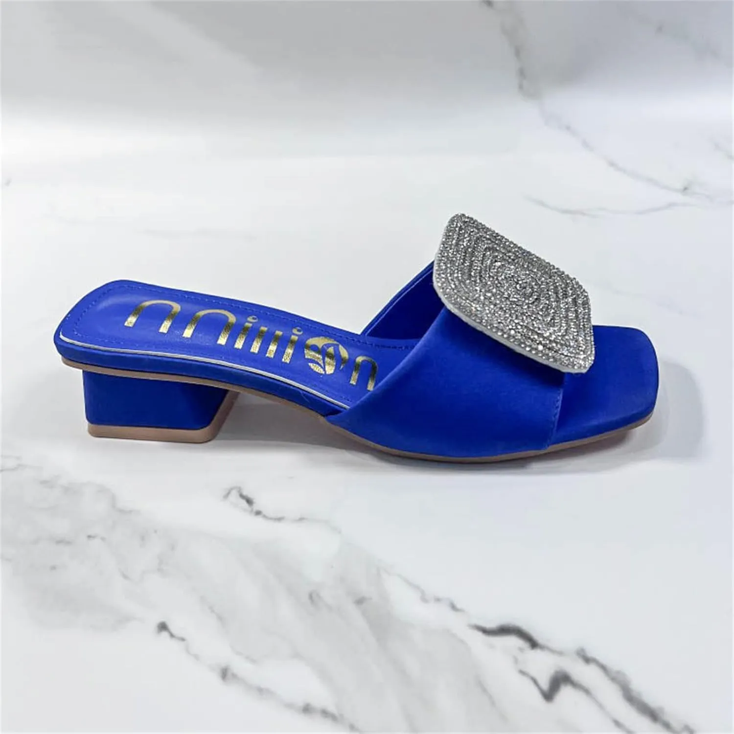 ORNVEION Women’s Bling Rhinestone Square Chunky Heel Sandals,Crystal Satin Glitter Mules Slippers Boho Open Toe Slip-on Beach Sandals