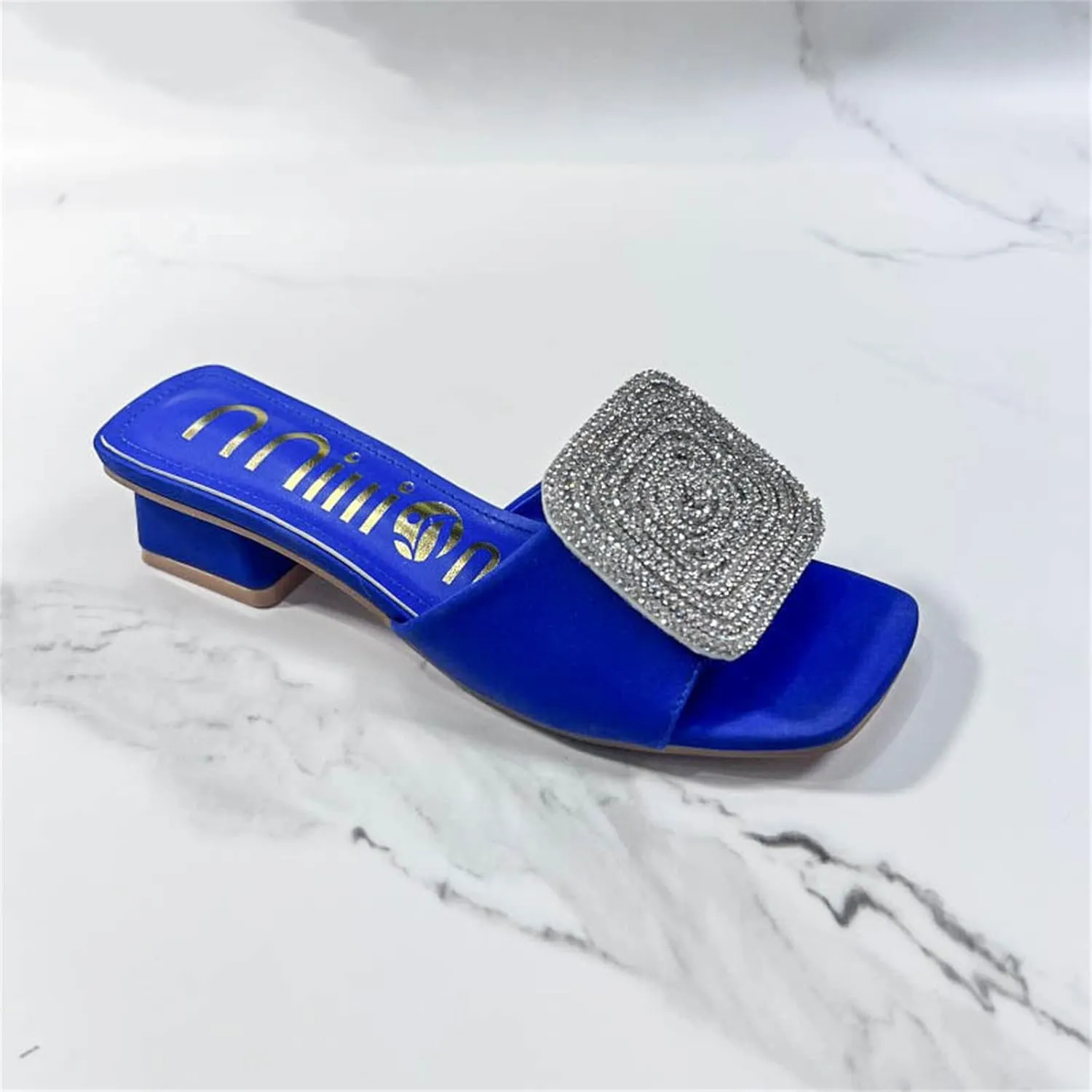 ORNVEION Women’s Bling Rhinestone Square Chunky Heel Sandals,Crystal Satin Glitter Mules Slippers Boho Open Toe Slip-on Beach Sandals