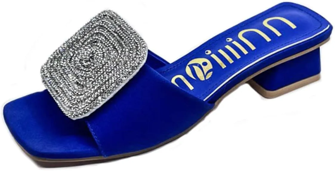 ORNVEION Women’s Bling Rhinestone Square Chunky Heel Sandals,Crystal Satin Glitter Mules Slippers Boho Open Toe Slip-on Beach Sandals