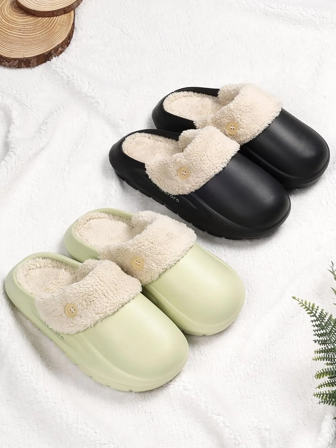 ORORO Women Men Fur Lined Garden Slip-on, Waterproof Slippers Fur Lined Clogs Winter Garden Shoes Indoor Outdoor Mules