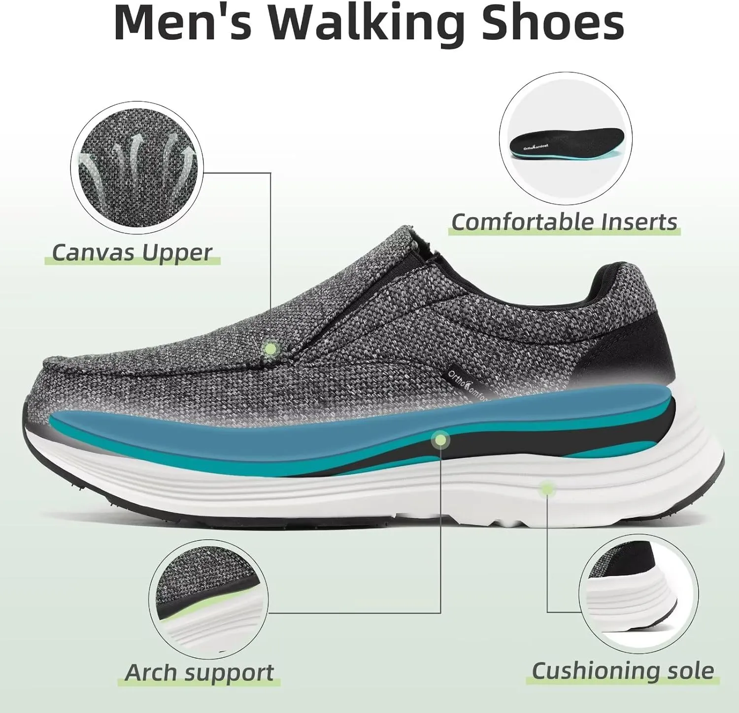 OrthoComfoot Men's Orthopedic Outdoor Slip-On Loafers Walking Shoes: Arch Support Plantar Fasciitis Sneakers, Comfort Classic Canvas Shoes for Foot and Heel Pain