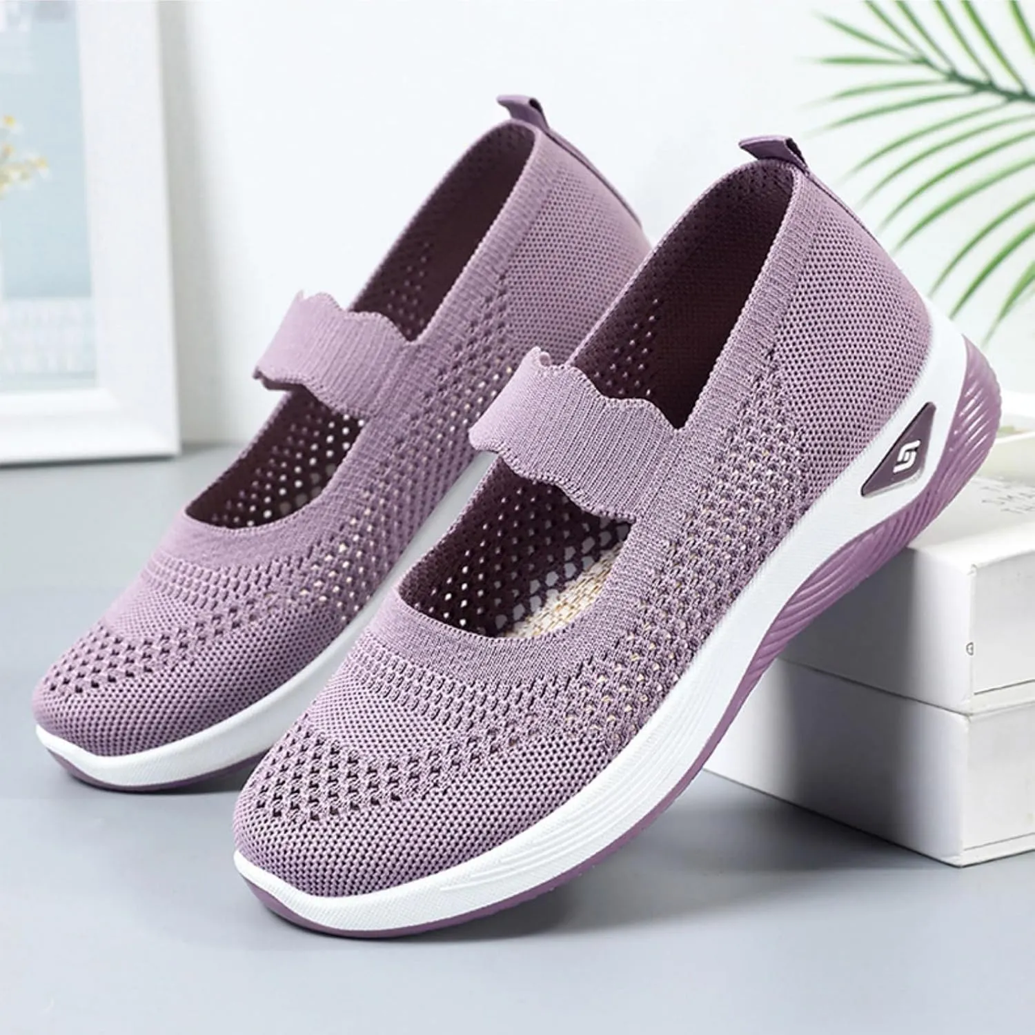 Orthopedic Woven Breathable Shoes Womens Arch Support Walking Shoes Slip On Diabetic Foam Sneakers Lightweight Soft Sole Walking Sneakers