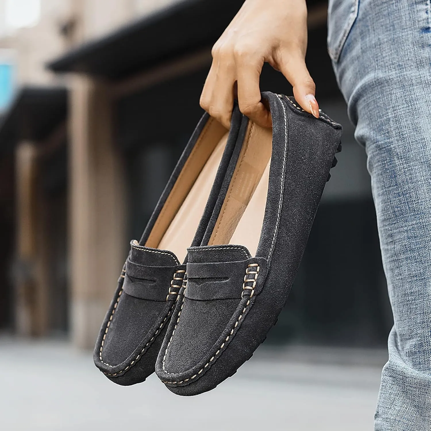 Osslue Women's Suede Leather Casual Penny Loafers Retro Ladies Moccasins Driving Mocs Comfort Slip-On Fashion Boat Shoes Classic Flats