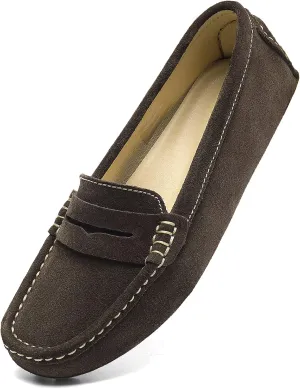 Osslue Women's Suede Leather Casual Penny Loafers Retro Ladies Moccasins Driving Mocs Comfort Slip-On Fashion Boat Shoes Classic Flats
