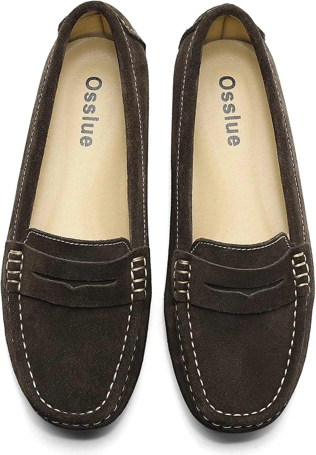 Osslue Women's Suede Leather Casual Penny Loafers Retro Ladies Moccasins Driving Mocs Comfort Slip-On Fashion Boat Shoes Classic Flats