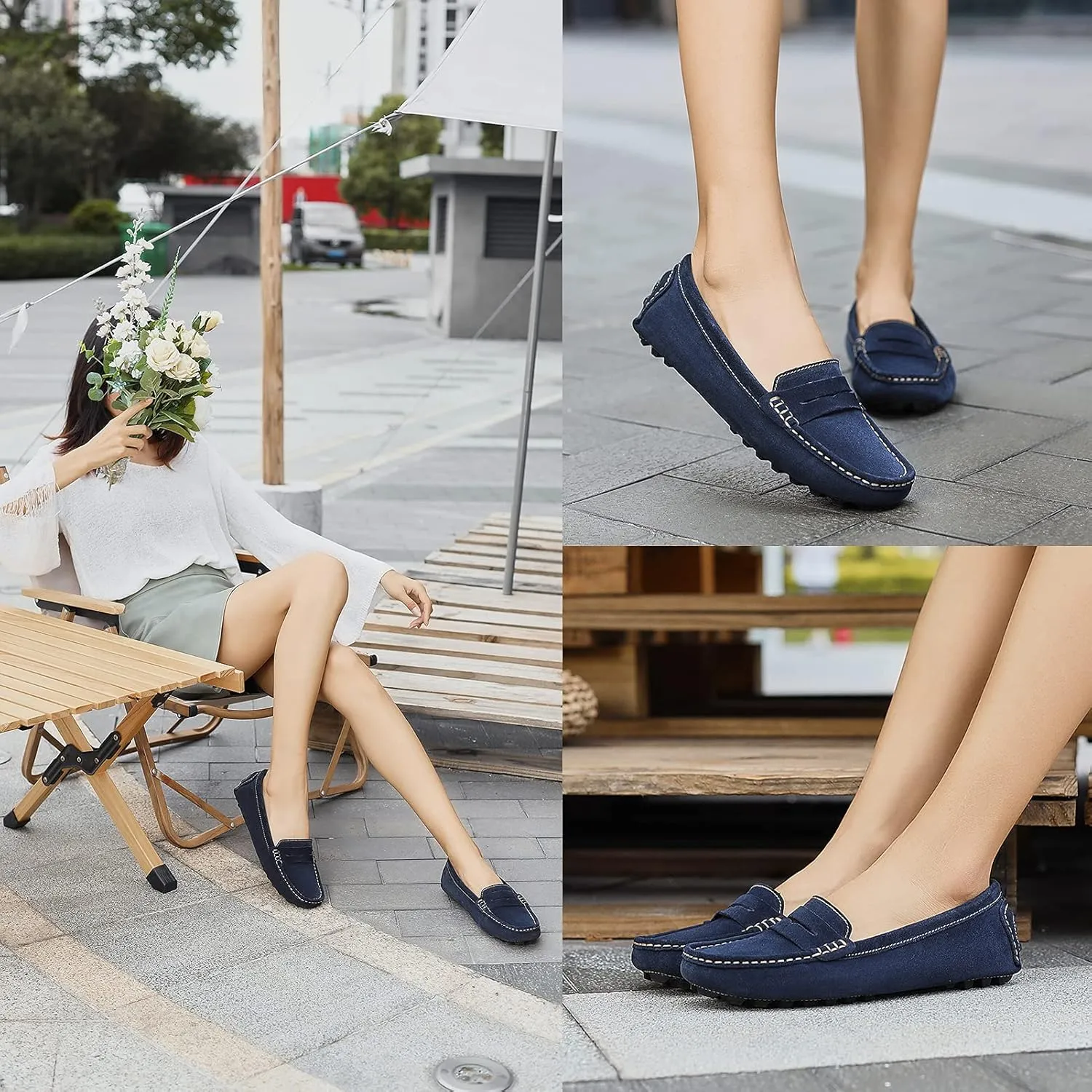 Osslue Women's Suede Leather Casual Penny Loafers Retro Ladies Moccasins Driving Mocs Comfort Slip-On Fashion Boat Shoes Classic Flats