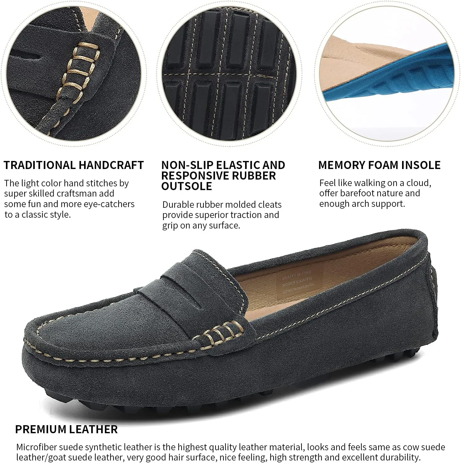 Osslue Women's Suede Leather Casual Penny Loafers Retro Ladies Moccasins Driving Mocs Comfort Slip-On Fashion Boat Shoes Classic Flats