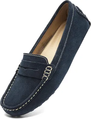 Osslue Women's Suede Leather Casual Penny Loafers Retro Ladies Moccasins Driving Mocs Comfort Slip-On Fashion Boat Shoes Classic Flats
