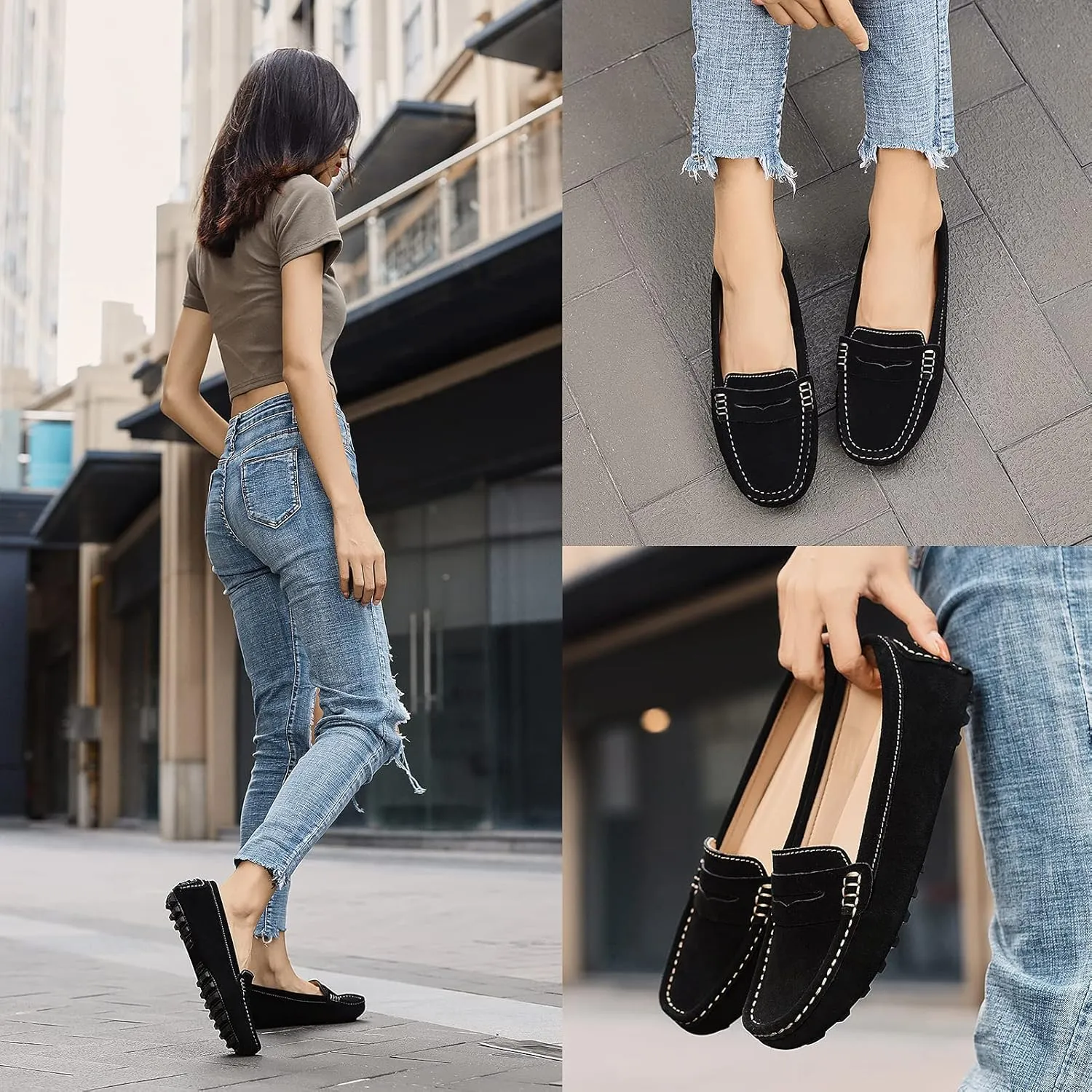 Osslue Women's Suede Leather Casual Penny Loafers Retro Ladies Moccasins Driving Mocs Comfort Slip-On Fashion Boat Shoes Classic Flats