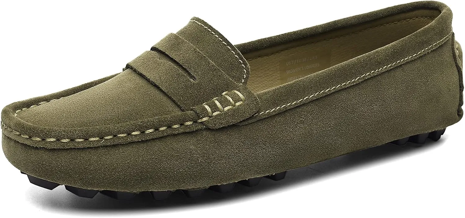 Osslue Women's Suede Leather Casual Penny Loafers Retro Ladies Moccasins Driving Mocs Comfort Slip-On Fashion Boat Shoes Classic Flats