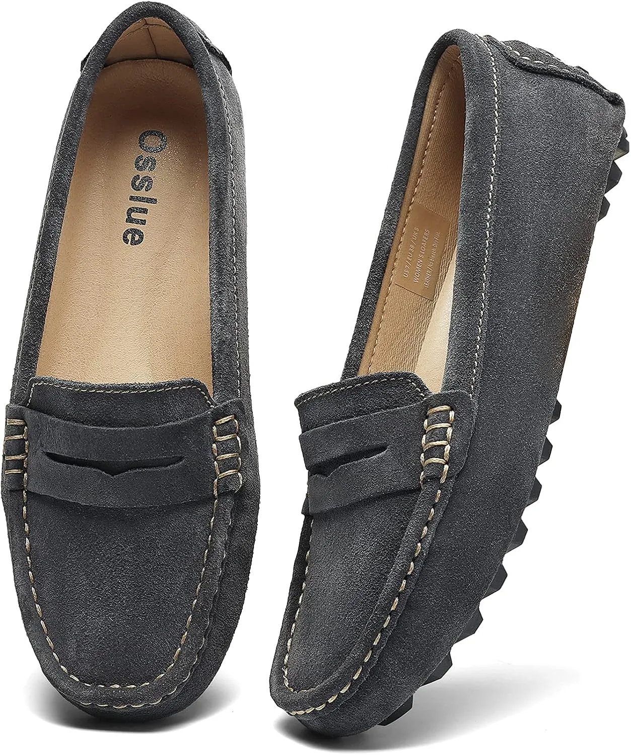 Osslue Women's Suede Leather Casual Penny Loafers Retro Ladies Moccasins Driving Mocs Comfort Slip-On Fashion Boat Shoes Classic Flats