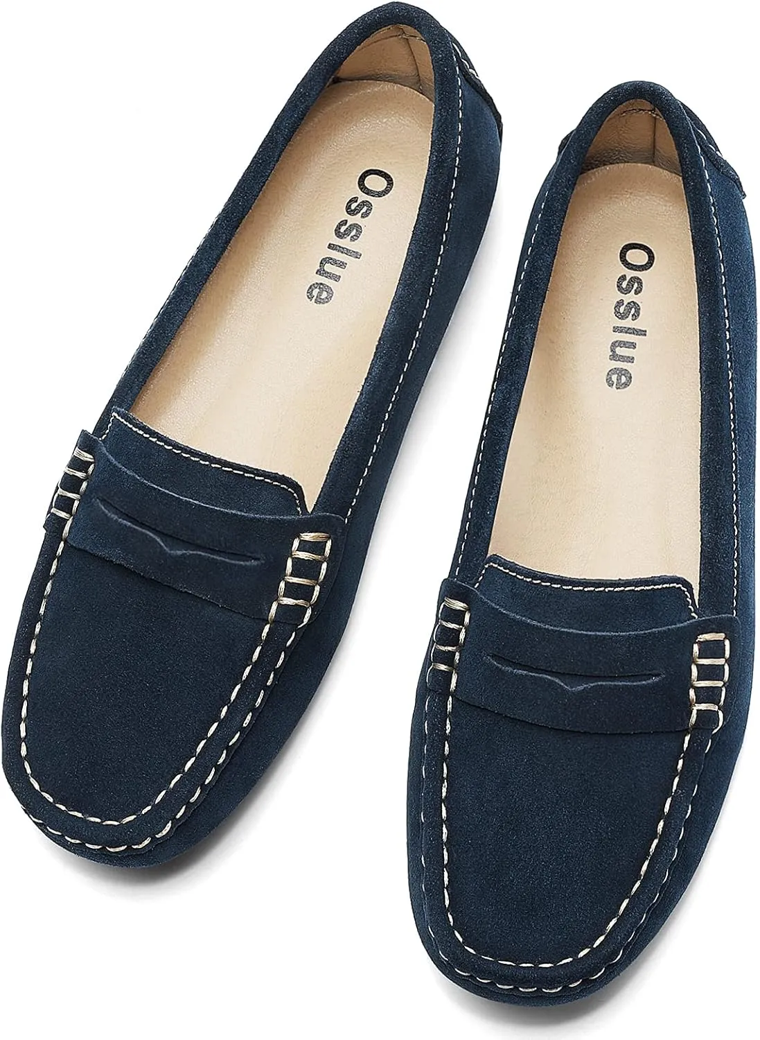 Osslue Women's Suede Leather Casual Penny Loafers Retro Ladies Moccasins Driving Mocs Comfort Slip-On Fashion Boat Shoes Classic Flats