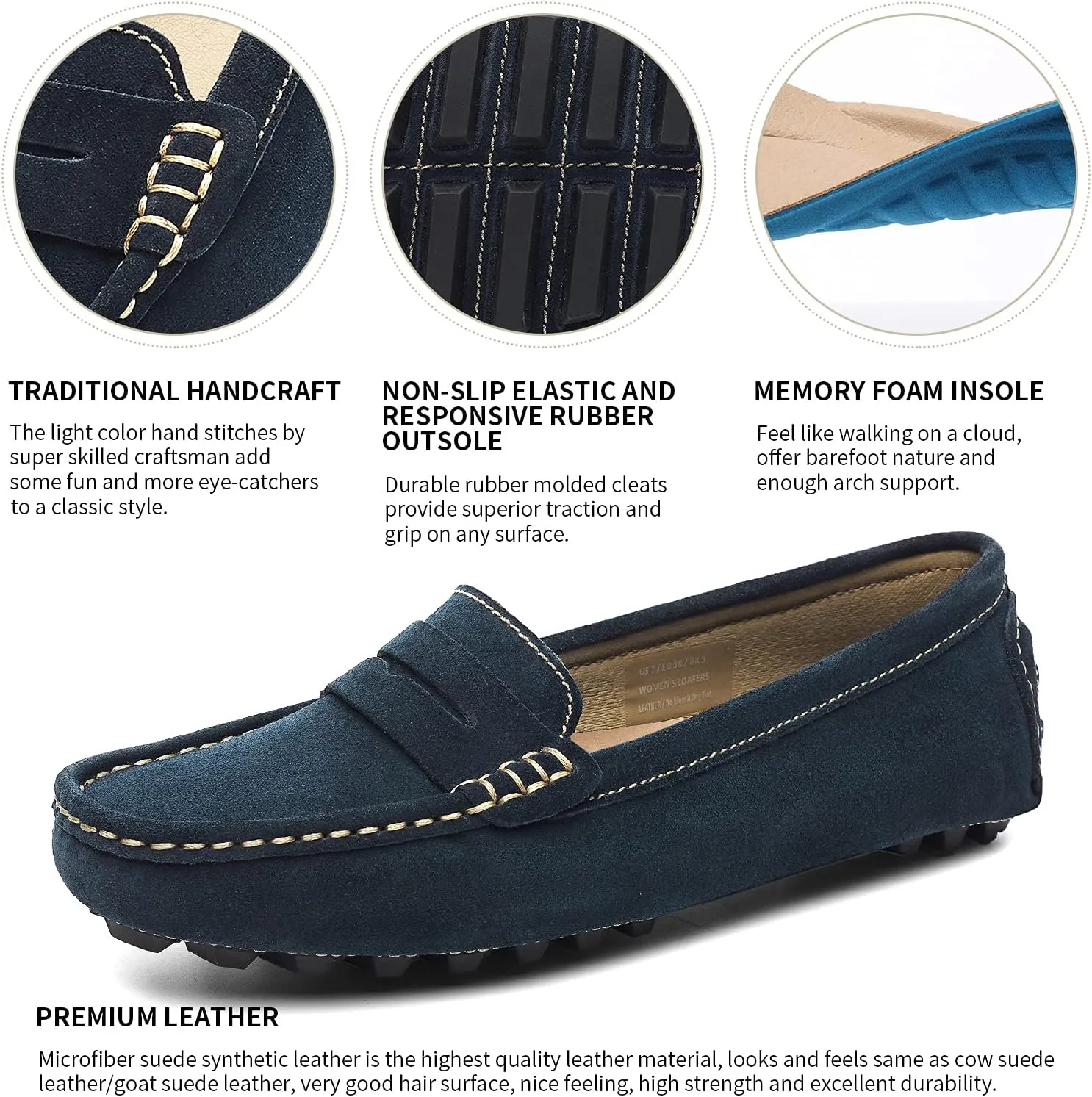 Osslue Women's Suede Leather Casual Penny Loafers Retro Ladies Moccasins Driving Mocs Comfort Slip-On Fashion Boat Shoes Classic Flats