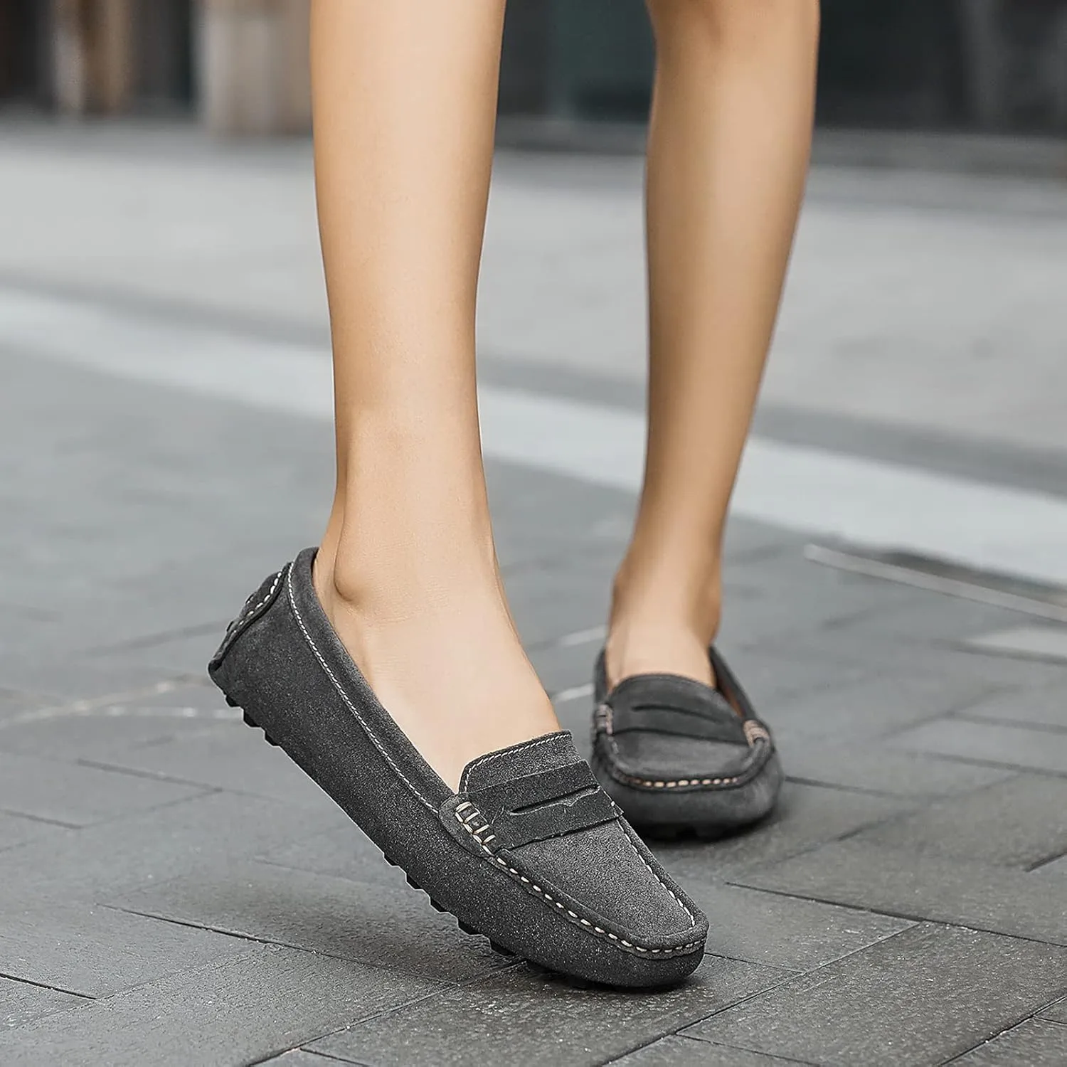 Osslue Women's Suede Leather Casual Penny Loafers Retro Ladies Moccasins Driving Mocs Comfort Slip-On Fashion Boat Shoes Classic Flats