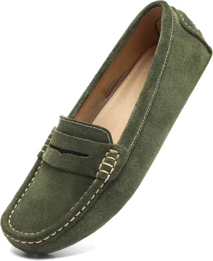 Osslue Women's Suede Leather Casual Penny Loafers Retro Ladies Moccasins Driving Mocs Comfort Slip-On Fashion Boat Shoes Classic Flats