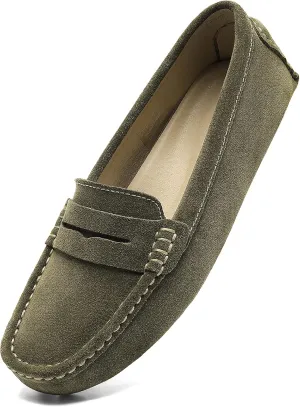 Osslue Women's Suede Leather Casual Penny Loafers Retro Ladies Moccasins Driving Mocs Comfort Slip-On Fashion Boat Shoes Classic Flats